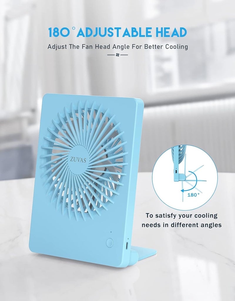 Zuvas Desk Fan Battery Operated Fan Rechargeable 180°Tilt Folding Personal Fan Ultra Quiet Small Portable 3 Speed Adjustable Strong Wind Fan For Office Bedroom Home Desktop Camping (Blue) - Image 5